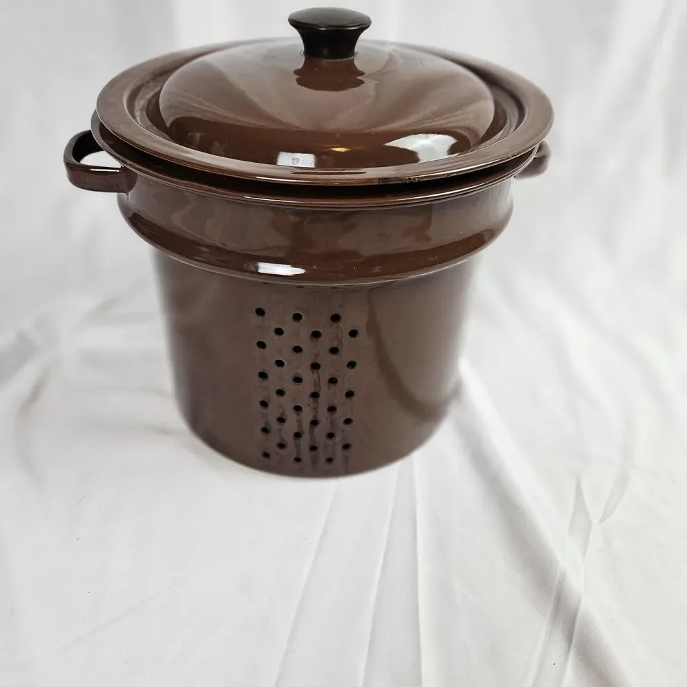 4pc Vintage Enamelware Small Stock drain  Lid Brown Enameled